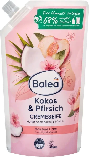 Крем-мило рідке Зволожуюче Balea Kokos&Pfirsich Cremeseife Moisture Care Балеа з ароматом Кокосу та Персика Запаска 500мл - 1