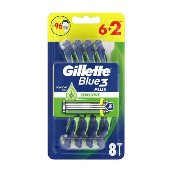 Бритви для гоління Чоловічі Gillette Blue3 Plus Sensitive Comfort Gel Джілет Блу Сенсітів одноразові змужка АлоеВера 3леза 8шт - 1
