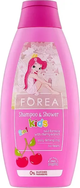 Дитячий шампунь-гель для душу фруктовий Forea Kids 2in1 Shower&Shampoo Фореа екстракт Вишні Легке Розчісування Без Сліз 500мл - 1