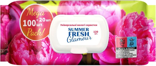 Серветки вологі з Клапаном Універсальні Summer Fresh Glamour Mega Pack ароматизовані без Спирту аромат Півонія 120шт - 1