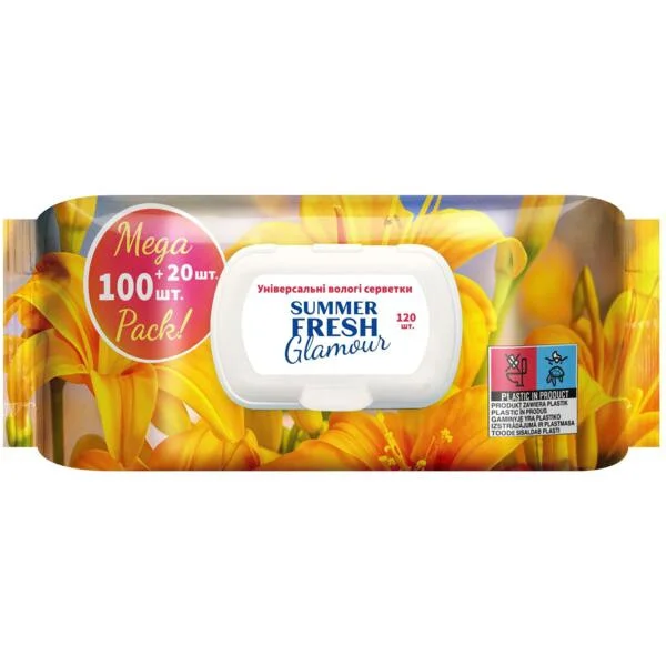 Серветки вологі з Клапаном Універсальні Summer Fresh Glamour Mega Pack ароматизовані без Спирту аромат Лілія 120шт - 1