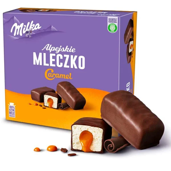 Цукерки Пташине Молоко Milka Alpejskie Mleczko Caramel Мілка Альпійське молочко з Карамеллю Коробка 16шт 350г - 1