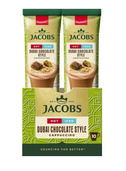 Капучіно розчинний Стіки Jacobs cappuchino Dubai Chocolate Style Hot Iced Якобс Дубайський Шоколад Фісташки Хот Айсед 10шт 195г - 1