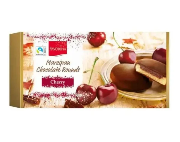 Марципан у шоколаді Favorina Marzipan Сhocolate Rounds Cherry Фаворіна Шоколадні Кружечка з смаком Черешні Коробка 10шт 300г - 1