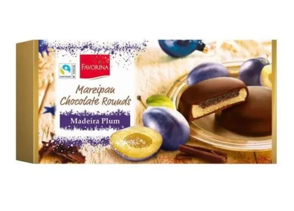 Марципан у шоколаді Favorina Marzipan Сhocolate Rounds Madeira Plums Фаворіна Шоколадні Кружечка з смаком Сливи Коробка 10шт 300г - 1