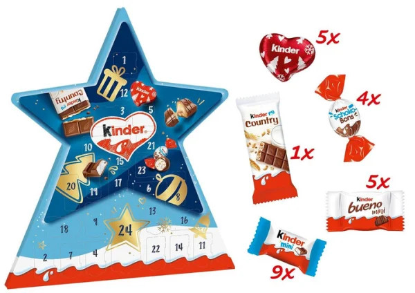 Набір Подарунок Новорічний Адвент календар Зірка Kinder Advent Calendar Star Шоколадні цукерки 24шт Дитячий з Віконцями 149г - 1