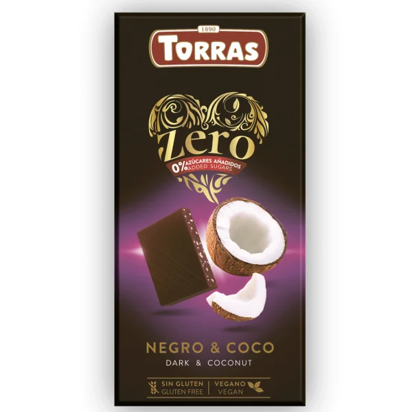 Шоколад Чорний без Глютену Torras Zero Dark&Coconut Chocolate 0% Торас Зеро Чорний з Кокосовою стружкою Плитка 100г - 1