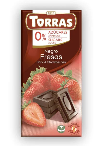 Шоколад Чорний без Глютену Torras Negro Dark&Strawberry Fresas Chocolate 0%Sugar Торас Чорний з Полуницею Плитка 75г - 1