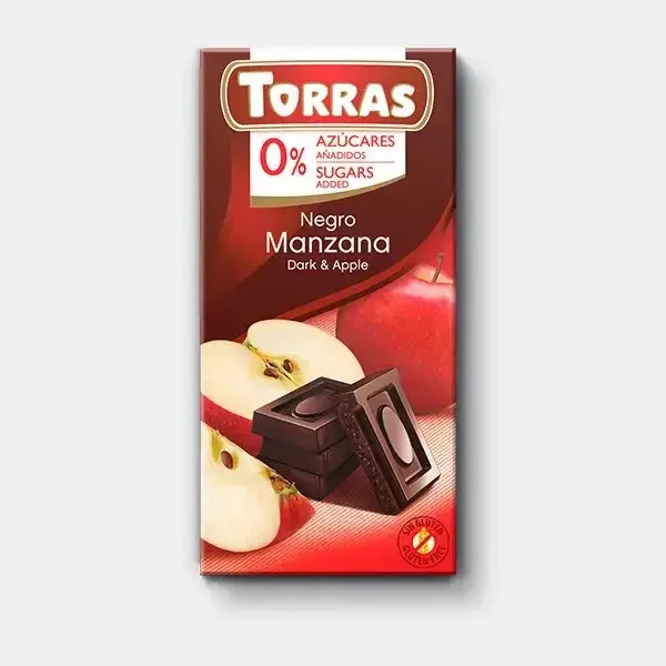 Шоколад Чорний без Глютену Torras Negro Dark&Apple Manzana Chocolate 0%Sugar Торас Чорний з Яблуком Плитка 75г - 1