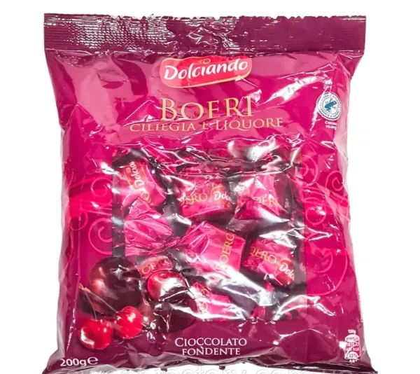 Шоколадні цукерки Вишня в Чорному шоколаді з лікером Dolciando Boeri Ciliegia Liquore Cioccolato Fondente Дольчіандо Пакет 200г - 1