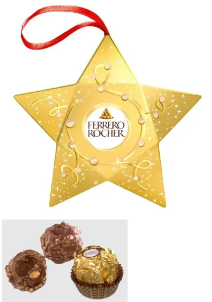 Ялинкова прикраса Шоколадні цукерки міні Зірка Ferrero Rocher mini Golden Star Фереро роше з підвіскою 3шт 37г - 1