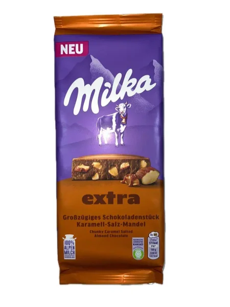 Шоколад плитка Milka Extra Chunky Karamell-Salz-Mandel Мілка Екстра Молочний солона Карамель з шматочками мигдальних горіхів 190г - 1