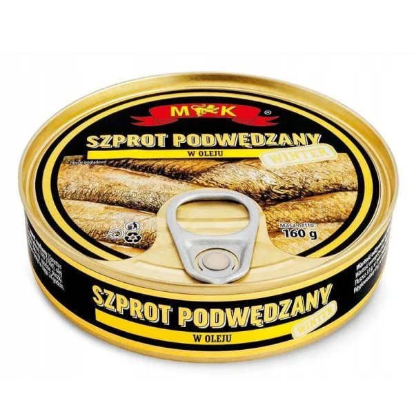 Шпроти копчені M&K Szprot Podwedzany w oleju roslinnym МК рибки в рослинній олії Євробанка 160г - 1