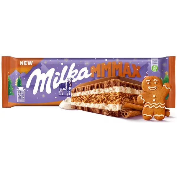 Шоколад молочний плитка з Імбирним печивом Milka MMMAX Ginger Man Мілка Сендвіч молочний шоколад крем та печиво 300г - 1