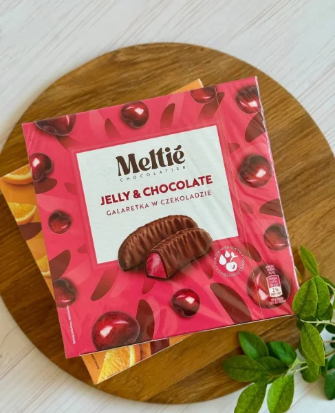 Цукерки Желейні в шоколаді Meltie Jelly&Chocolate Galaretka Cherry Мелті з черешневим желе Коробка 190г - 1