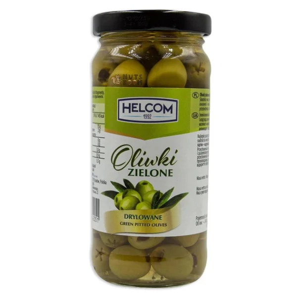 Оливки Зелені без кісточок Helcom Oliwki Zielone Drylowane Green pitted Olives Хелком Мариновані склобанка 240г - 1