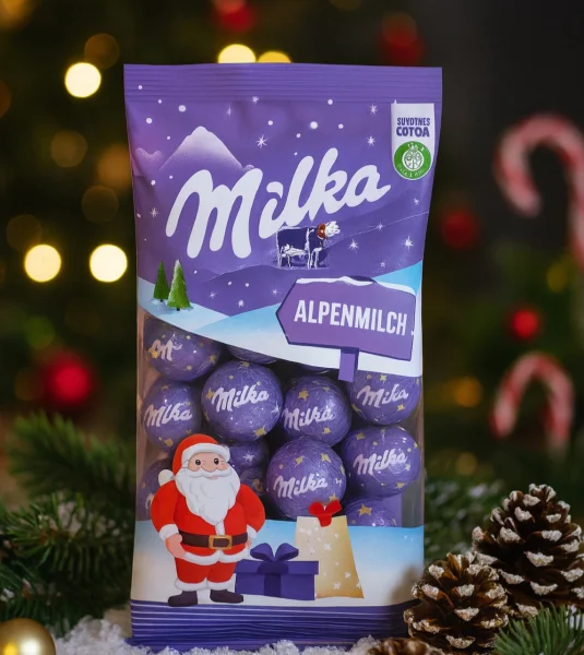 Шоколадні кульки Новорічні Cолодощі Milka Christmas Balls AlpenMilsch Мілка альпійський молочний шоколад Пакет 100г - 1