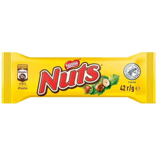 Шоколадний батончик Nestle Nuts Hazelnuts Нестлє Натс шоколадний Бар з карамеллю Нугою та цілими лісовими горіхами 42г - 1
