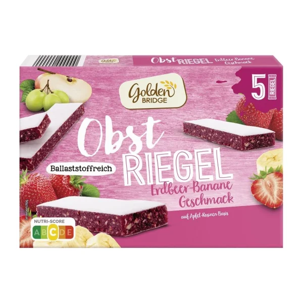 Батончики фруктові пастіла Без цукру Golden Bridge Obst Riegel Fruit Snack Strawberry Banana снеки Полуниця Банан 5шт 150г - 1