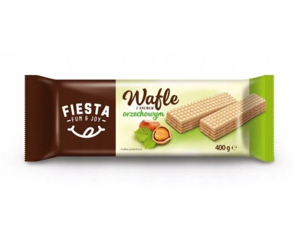 Вафлі вершкові Fiesta Fun&Joy Wafles z kremem o smaku Orzechowym Фіеста світлі з какао-горіховою начинкою 400г - 1