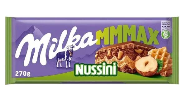 Шоколад молочний плитка Milka MMMAX Nussini Wafles Мілка Нуссіні з цільними Лісовими горіхами і вафлями 270г - 1