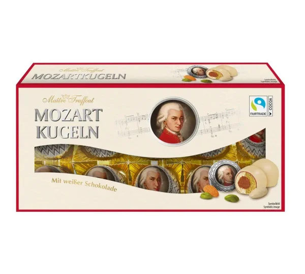 Цукерки шарики Maitre Truffout Mozart Kugeln Майстер Труфо з білого шоколаду з горіховим праліне та марципаном Коробка 200г - 1