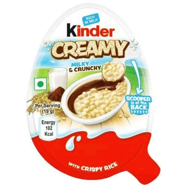 Десерт Шоколадне напів Яйце з ложкою Kinder Creamy Milky&Crunchy Crispy Rise Кіндер з повітряним Рисом та молочним кремом 19г - 1