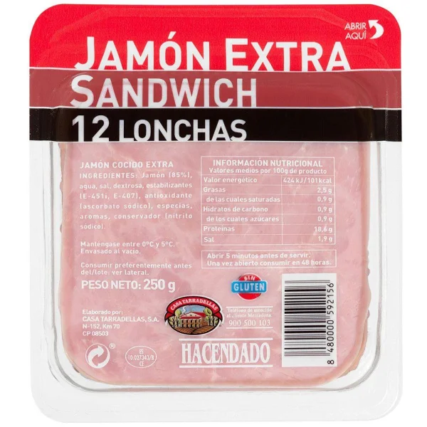 Хамон варений з свинини тостовий Jamon Cocido extra Sandwich Хасендадо бутербродний Слайси 12шт Блістер 250г - 1
