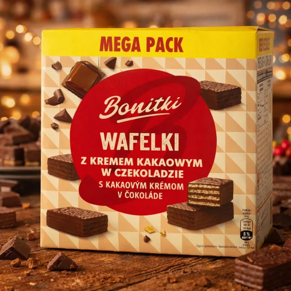 Вафлі шоколадні вагові Bonitki Wafelki z kremem Kakaowym w czekoladzie Mega pack Боніткі з какао кремом Коробка 600г - 1