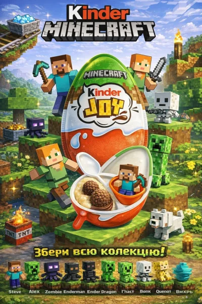 Набір Шоколадне яйце з Іграшкою Kinder JOY Maincraft Series Surprise Green Кіндер Джой Майнкрафт 12 Персонажів 3шт Упаковка 60г - 2