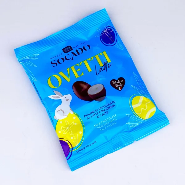 Яйця Шоколадні Великодні Socado Ovetti Latte Blue Praline Milk Filling Сокадо Оветті Пасхальні молочні з праліне Пакет 8шт 110г - 1