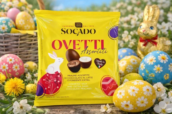 Яйця Шоколадні Великодні Socado Ovetti Assortiti Yellow Praline Dark Сокадо Оветті Пасхальні молочний та темний Пакет 8шт 110г - 1