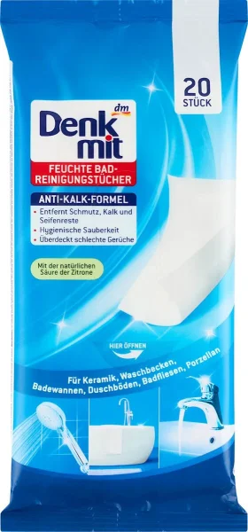 Серветки Вологі для Кераміки АнтиКальк Denkmit feuchte bad Reinigungstücher Anti-Kalk formel Денкміт від вапняного нальоту 20шт - 3