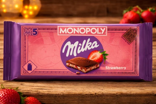 Шоколад молочний плитка Milka Monopoly game Series Мілка Монополія з полуничною начинкою Плитка 90г - 1