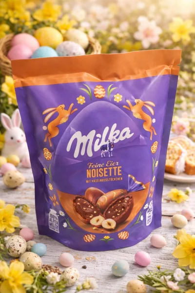 Шоколадні Яйця Великодні Milka Feine Eier Eggs Noisette mit hazelnuss stuckchen Мілка альпійський шоколад з фундуком Пакет 90г - 1