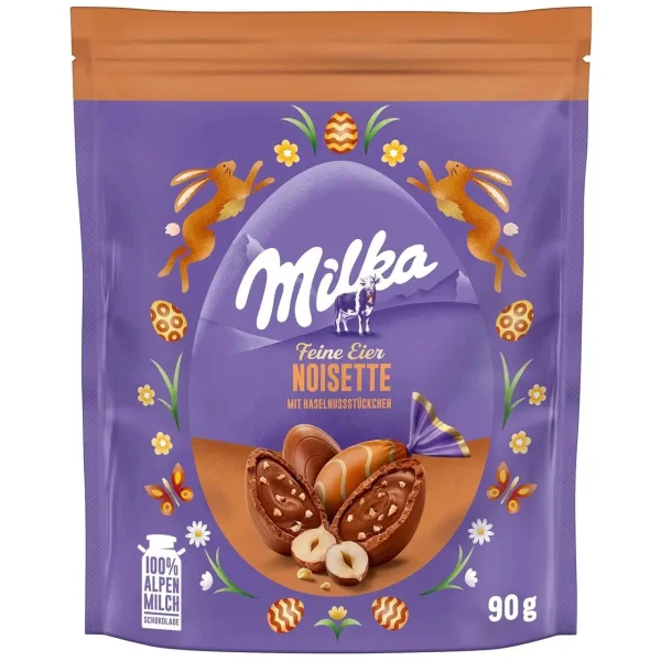 Шоколадні Яйця Великодні Milka Feine Eier Eggs Noisette mit hazelnuss stuckchen Мілка альпійський шоколад з фундуком Пакет 90г - 3
