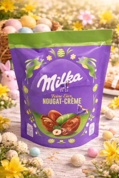 Шоколадні Яйця Великодні Milka Feine Eier Eggs Nougat Creme hazelnuss Мілка альпійський шоколад Нуга та фундук Пакет 90г - 1