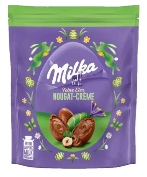Шоколадні Яйця Великодні Milka Feine Eier Eggs Nougat Creme hazelnuss Мілка альпійський шоколад Нуга та фундук Пакет 90г - 3
