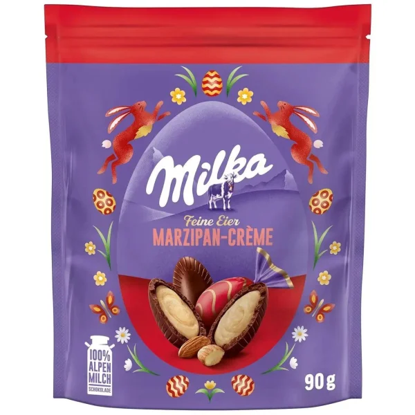 Шоколадні Яйця Великодні Milka Feine Eier Eggs Marzipan Creme Мілка альпійський шоколад марципановий крем з мигдалем Пакет 90г - 1