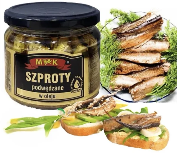 Шпроти в олії M&K Szproty podWedzane w Oleju MK Копчені шпроти без голів скло Баночка Омега3 250г - 1