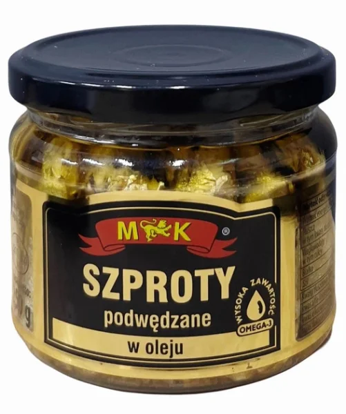 Шпроти в олії M&K Szproty podWedzane w Oleju MK Копчені шпроти без голів скло Баночка Омега3 250г - 2