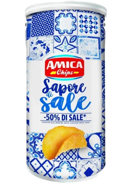 Картопляні Чіпси Amica Chips Sapore di Sale Chips Аміка золотисті з Сіллю мега бокс Тубус з кришкою 325г - 2