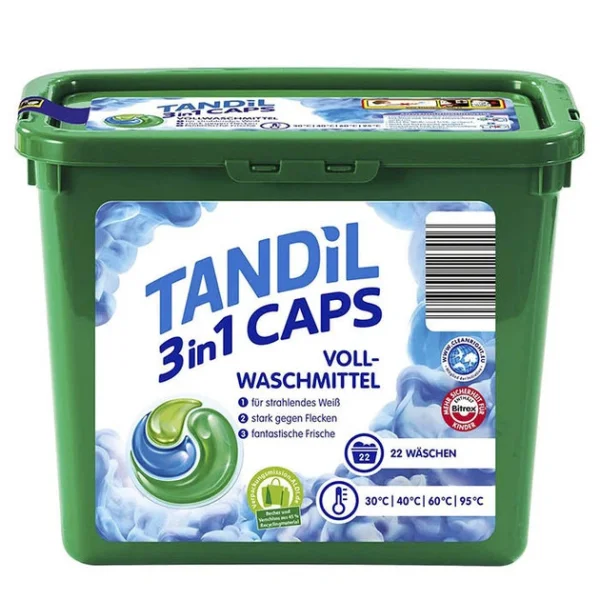Капсули для прання Білої та світлої білизни Tandil Voll Waschmittel 3in1 Caps Танділ активні пластиковий Бокс з кришкою 22шт - 1