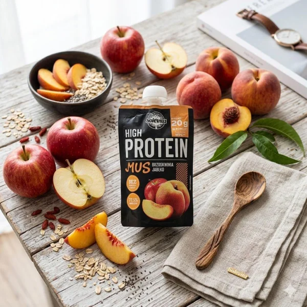 Мус Протеїновий без цукру Solevita High Protein Mus Brzoskwinia jablko Солевіта Енергетичне пюре Білок 20г смак Персик Яблуко 180г - 2
