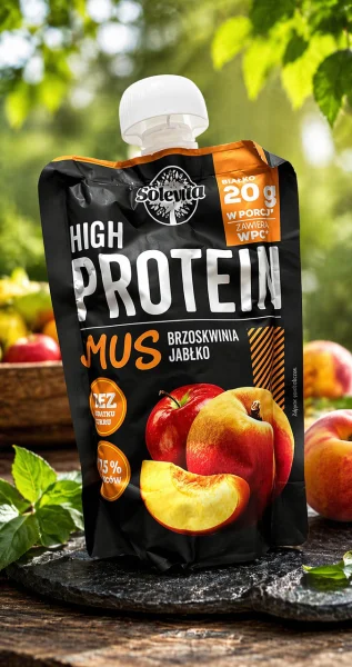 Мус Протеїновий без цукру Solevita High Protein Mus Brzoskwinia jablko Солевіта Енергетичне пюре Білок 20г смак Персик Яблуко 180г - 1