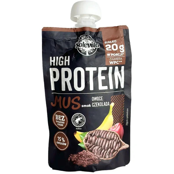 Мус Протеїновий без цукру Solevita High Protein Mus Owoce szekolada Солевіта Енергетичне пюре Білок 20г смак Шоколад Фрукти 180г - 2