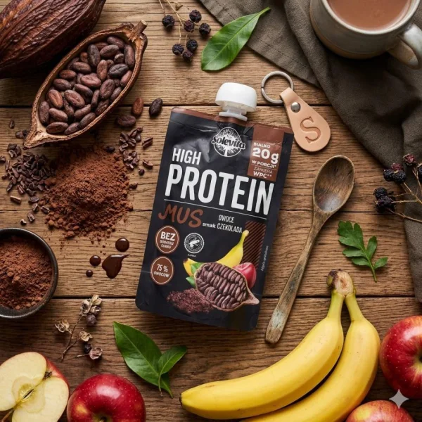 Мус Протеїновий без цукру Solevita High Protein Mus Owoce szekolada Солевіта Енергетичне пюре Білок 20г смак Шоколад Фрукти 180г - 1