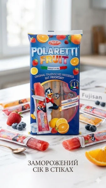 Морозиво льодяники Фруктовий сік Dolfin Polaretti Fruit Ice Lollies Fruit Juice Долфін палички для Замороження 4смаки 10шт 400г - 1