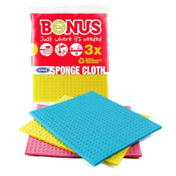 Ганчірка-губка для вологого прибирання Кухні Bonus Sponge Cloth 3x Бонус целюлозно-бавовняні Різнобарвні без аромату Пакет 3шт - 2