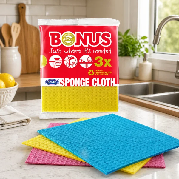 Ганчірка-губка для вологого прибирання Кухні Bonus Sponge Cloth 3x Бонус целюлозно-бавовняні Різнобарвні без аромату Пакет 3шт - 1